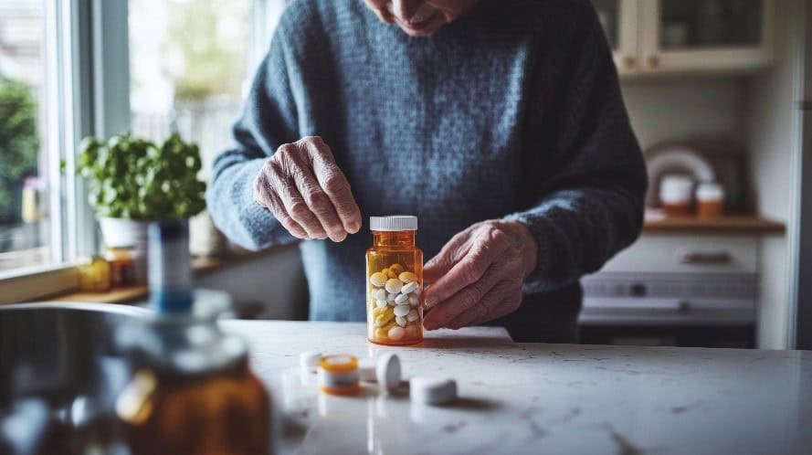 Eine ältere Person steht in einer Küche und hält eine durchsichtige Medikamentenflasche mit verschiedenen Tabletten in den Händen. Auf der Arbeitsfläche und im Hintergrund sind weitere Medikamentenbehälter zu sehen.