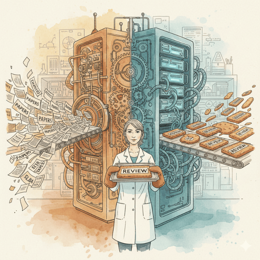 Wissenschaftlerin vor einer Maschine, die Studien einsaugt und daraus fertige Reviews bäckt